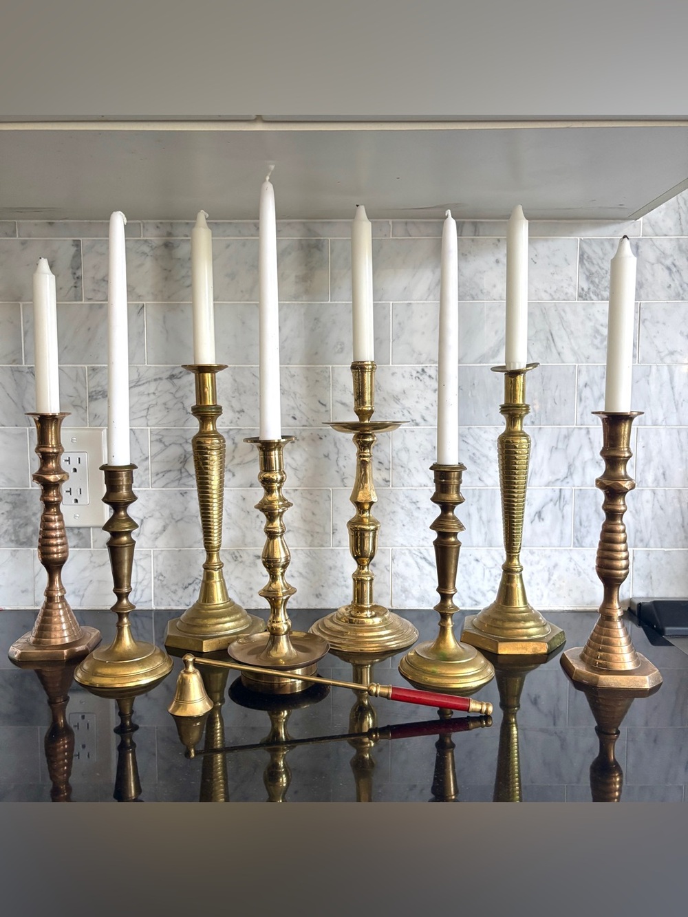 Assorted Premium Lot of 8 Large Vintage Brass Candlestick Holders with Snuffer